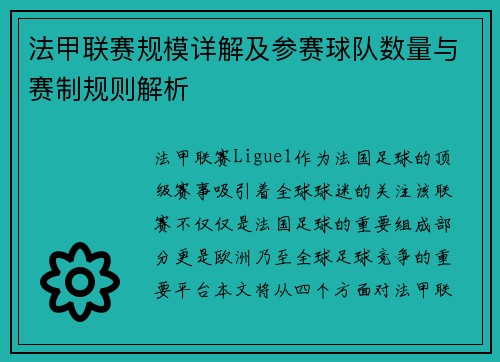 法甲联赛规模详解及参赛球队数量与赛制规则解析
