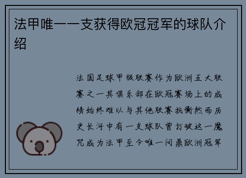 法甲唯一一支获得欧冠冠军的球队介绍