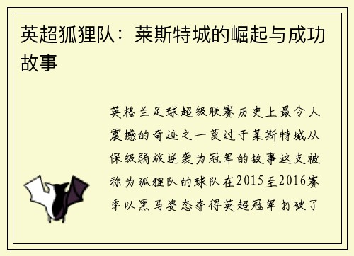 英超狐狸队：莱斯特城的崛起与成功故事